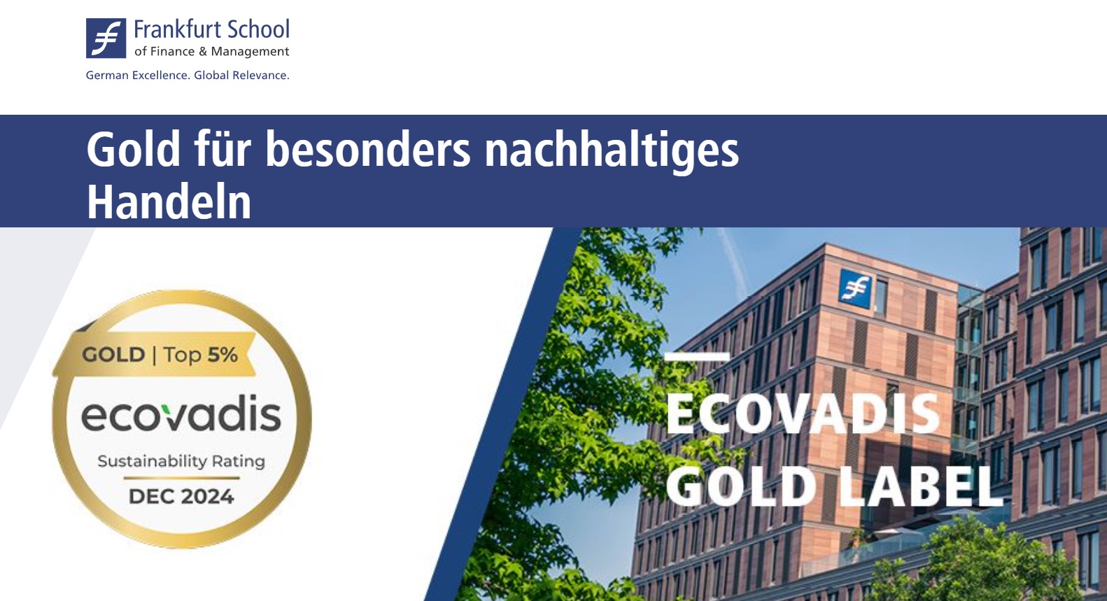 Frankfurt School erneut mit Goldmedaille im Nachhaltigkeitsrating von EcoVadis